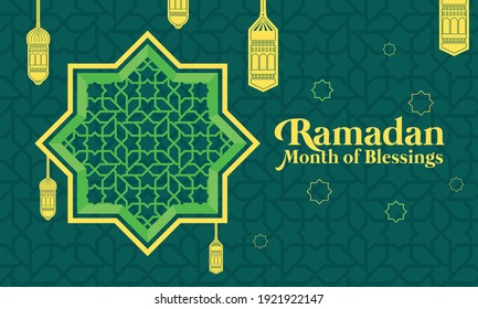Poster greeting of Ramadan month of blessings for Muslims with a green Islamic pattern as a background and a hanging lamp