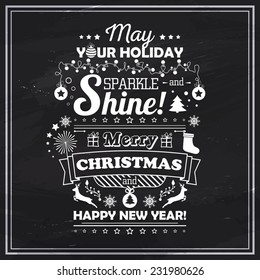 Poster with greetings Merry Christmas and happy new year, creative lettering, typography. Greeting card with congratulations christmas. Banner with text greetings. Vector illustration