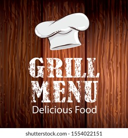 poster of grill menu lettering in wooden background vector illustration design