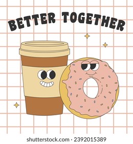 Poster with groovy hippie coffee cup and donut. Cartoon characters in trendy retro style. Vector illustration