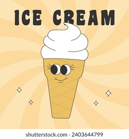 Poster with groovy hippie ice cream. Cartoon character in trendy retro style. Vector illustration