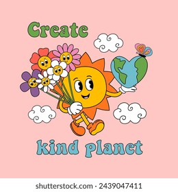  poster with groovy Sun,  Earth, flowers, cloud