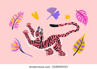 Poster mit grovem Tiger, Bananenblatt, Strelitzia, Palme auf rosafarbenem Hintergrund. Cartoon, Vektorgrafik für Cover, Postkarte, Aufkleber, T-Shirt. 
