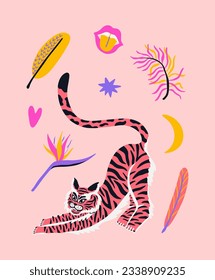 Poster with groovy tiger, lips, banana leaf, palm tree on the pink background. Cartoon vector illustration for cover, postcard, stickers, t shirt. 