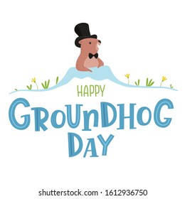 Poster for Groundhog Day, holiday decoration. Background with a marmot pictured on it crawling out of a hole in spring