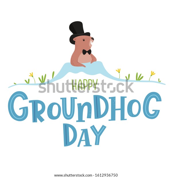 Poster\
for Groundhog Day, holiday decoration. Background with a marmot\
pictured on it crawling out of a hole in\
spring