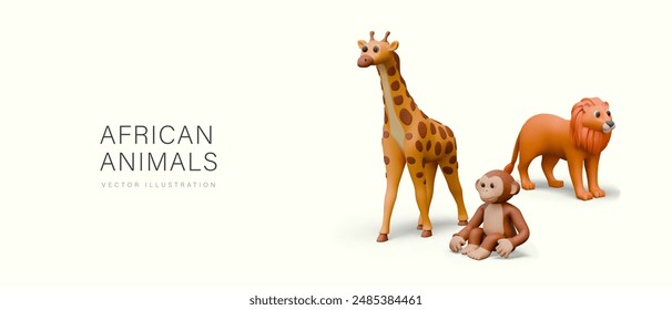 Poster with group of African animals in realistic style. Funny giraffe, lion, monkey