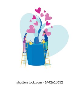 Poster Growth and Development Relationships Flat. Informative Banner Man and Woman are Watering Potted Plant. Flyer Hearts Grow on Houseplant. Vector Illustration on White Background.