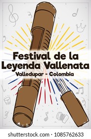 Poster with guacharaca and fork in watercolor style over a background with musical notes and doodles to celebrate Vallenato Legend Festival (written in Spanish) in Valledupar, Colombia.