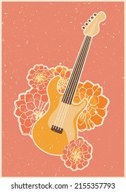 Poster with a guitar in flowers. vintage retro style. Psychedelic wallpaper. Colorful vector art design. 60s, 70s, hippies. Postcard set, poster design.