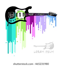 Poster with guitar isolated on abstract background and multicolor dripping paint. vector illustration / logo / label / tattoo