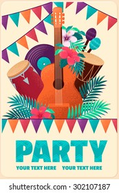 Poster with guitar, percussion and conga drums, maracas, vinyl records, flags, palm leaves and hibiscus flowers. Can be used as card, flyer or invitation. Place for your text 