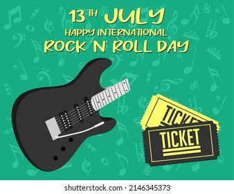 Poster with guitar and tickets in a green background to celebrate International Rock 'n' Roll Day on July 13th