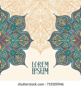 Poster with gypsy style round pattern and place for text, beautiful lace ornament, can be used as invitation or greeting cards, 60s style palette, vector illustration