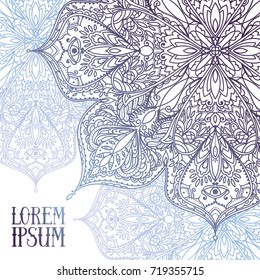 Poster with gypsy style round pattern and place for text, beautiful lace ornament, can be used as invitation or greeting cards, winter colors, vector illustration