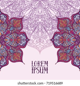 Poster with gypsy style round pattern and place for text, beautiful lace ornament, can be used as invitation or greeting cards, funky colors, vector illustration