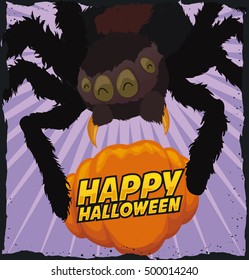 Poster with hairy spider celebrating Halloween with a pumpkin.