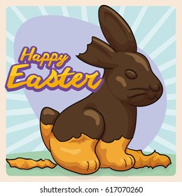 Poster with half eaten chocolate bunny with some of its golden envelope yet covered for Easter celebration.