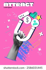 Poster in halftone style. Abstract banner with realistic hand holding magnet. Digital marketing to attract audience and finance. Internet promotion and advertising. Flat doodle vector illustration