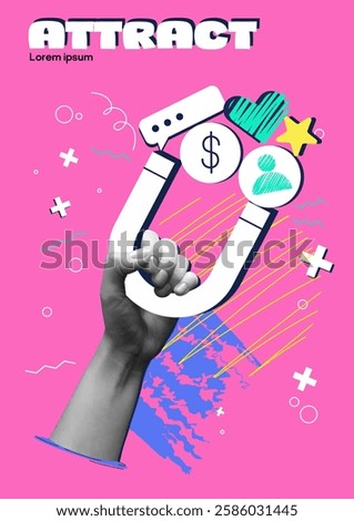 Poster in halftone style. Abstract banner with realistic hand holding magnet. Digital marketing to attract audience and finance. Internet promotion and advertising. Flat doodle vector illustration