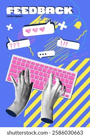 Poster in halftone style. Abstract retro banner with realistic hands typing on keyboard. Feedback and customer opinion for quality assessment. Marketing and promotion. Flat doodle vector illustration