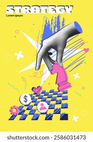 Poster in halftone style. Abstract retro banner with realistic hand holding chess piece. Developing strategy for company development and business growth. Flat doodle vector illustration