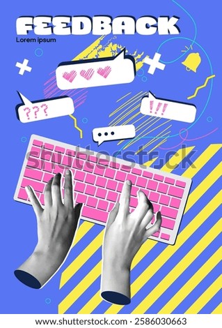 Poster in halftone style. Abstract retro banner with realistic hands typing on keyboard. Feedback and customer opinion for quality assessment. Marketing and promotion. Flat doodle vector illustration