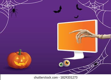 Poster for Halloween 2020. Computer monitor, pumpkin, eyes and a skeleton hand on a dark purple background with cobwebs and a spider. The concept of ordering in an online store with home delivery.