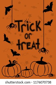 Poster for Halloween with bats, spiders, pumpkins, candy  and phrase "trick or treat"on the orange background  