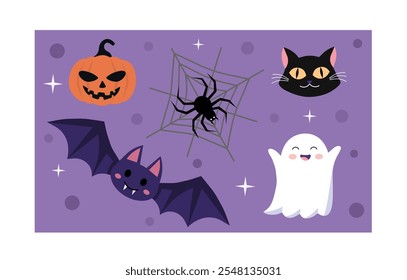 Cartaz com Halloween. Morcegos pretos e aranha na teia, fantasma branco, gato preto e abóbora laranja. Férias internacionais de outono de medo e horror. Ilustração de vetor plano isolada no plano de fundo branco