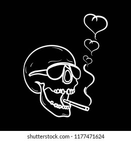 Poster of Halloween. Black and White Contour of the Human Skull with Cigarette and Hearts. Smoking Stop Signal. Vector Illustration