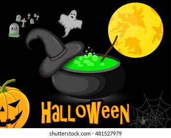 poster Halloween cauldron with hat night under the moon.