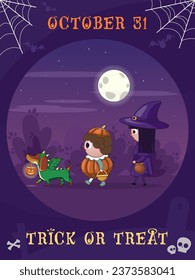 Poster for Halloween celebration, Trick or treat party. Children and dog in Halloween costumes on the dark purple background. Witch, pumpkin, dragon, moon, stars.