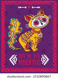 Poster for halloween or day of the dead party with cute doodle spooky cat, vector illustration