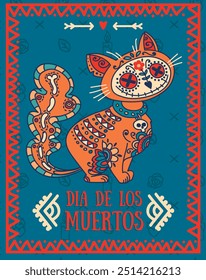 Poster for halloween or day of the dead party with cute doodle spooky cat, vector illustration