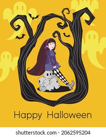 poster for Halloween day with a girl smiling between sinister trees