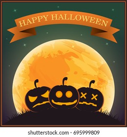 Poster Halloween Day , silhouette pumpkin lantern on grass under moon and star on night sky , vector illustration , banner text