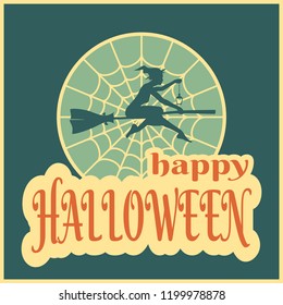 Poster for Halloween design. Spider web elements, spooky, scary, horror halloween decor. Flying witch silhouette