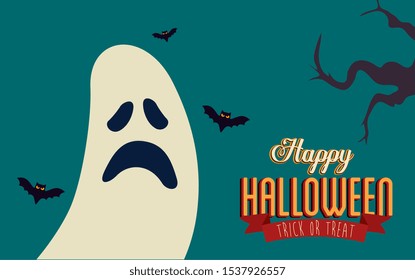 poster of halloween with ghost and bats flying vector illustration design