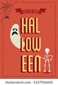 poster of halloween with ghost with skeleton vector illustration design