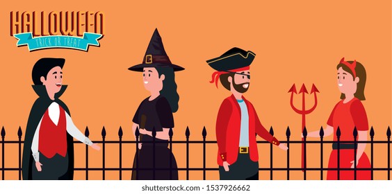 poster halloween with group of people disguised vector illustration design