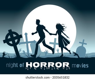 poster for halloween or horror movie marathon in blue colours. moon, graveyard and couple