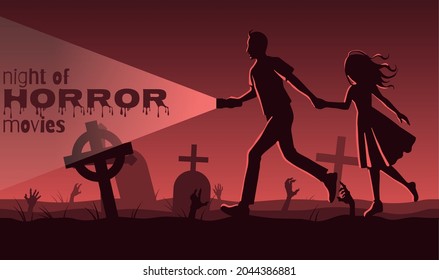 poster for halloween or horror movie marathon in red colours, graveyard and couple