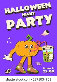 Poster, Halloween invitation. Fashionable retro groovy style, cheerful pumpkin character drinking soda 70s-80s. Happy Halloween. Funny vector flyer, postcards.