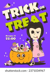 Poster, Halloween invitation. Fashionable retro groovy style, scary doll with sweets from 70-80s. Happy Halloween. Funny vector flyer, postcards.