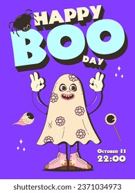 Poster, Halloween invitation. Fashionable retro groovy style, cute ghost of 70-80s. Happy Halloween. Funny vector flyer, postcards.