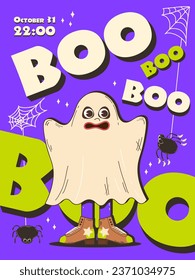 Poster, Halloween invitation. Fashionable retro groovy style, funny scary ghost from 70s-80s. Happy Halloween. Funny vector flyer, postcards.