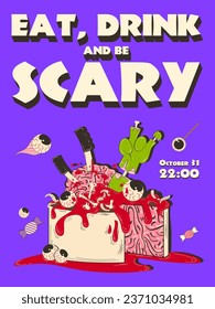 Poster, Halloween invitation. Trendy retro groovy style, 70s-80s zombie hand Halloween cake. Happy Halloween. Funny vector flyer, postcards.