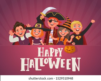 Poster for Halloween kids party. Children dressed in halloween costumes. Vector illustration in cartoon style