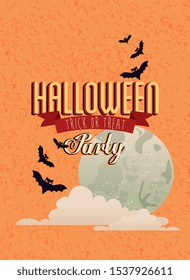 poster of halloween with moon and bats flying vector illustration design